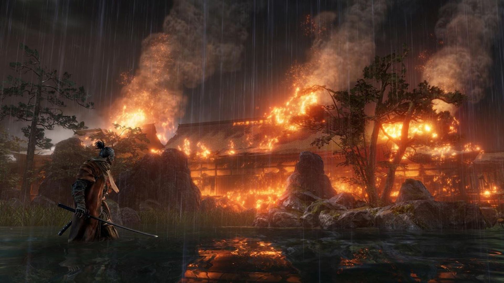 Exploring a fiery water way in Sekiro Shadows Die Twice (2019)