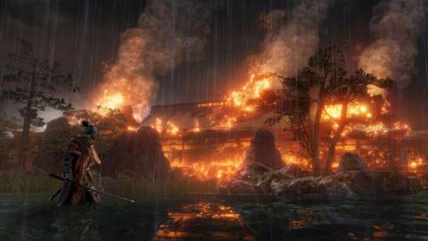 Exploring a fiery water way in Sekiro Shadows Die Twice (2019)