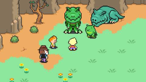 Facing dinosaurs in a cutscene in Mother 3 (2006)