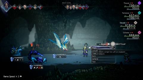 Fighting a battle in a cave in Octopath Traveler 2 (2023)