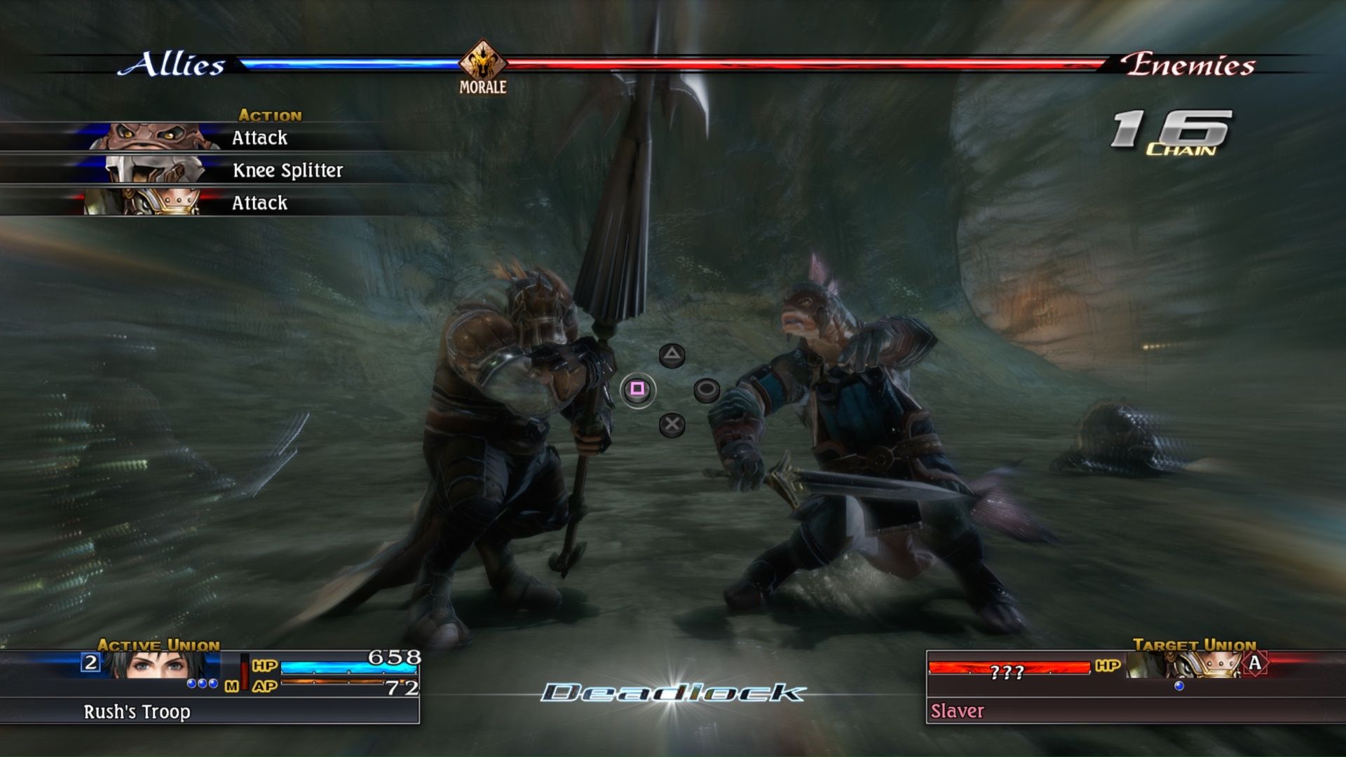 Fighting a battle in a cave in The Last Remnant (2009)