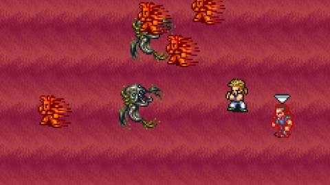 Fighting a battle in a waterfall in Final Fantasy 6 (SNES)