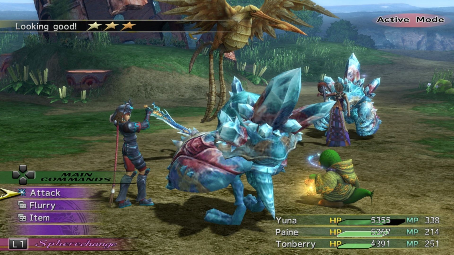 Fighting a battle in Final Fantasy 10-2 (2003)