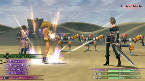 Fighting a battle in the desert in Final Fantasy 10-2 (2003)