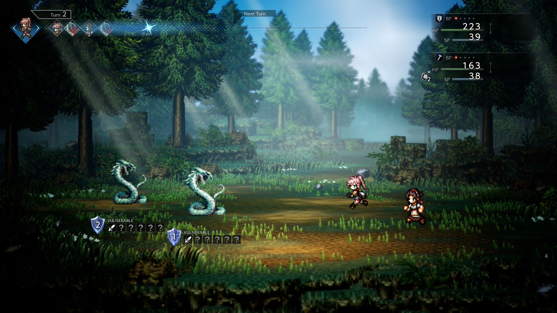 Fighting a battle in the forest in Octopath Traveler 0 (2025)