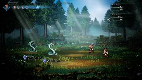 Fighting a battle in the forest in Octopath Traveler 0 (2025)