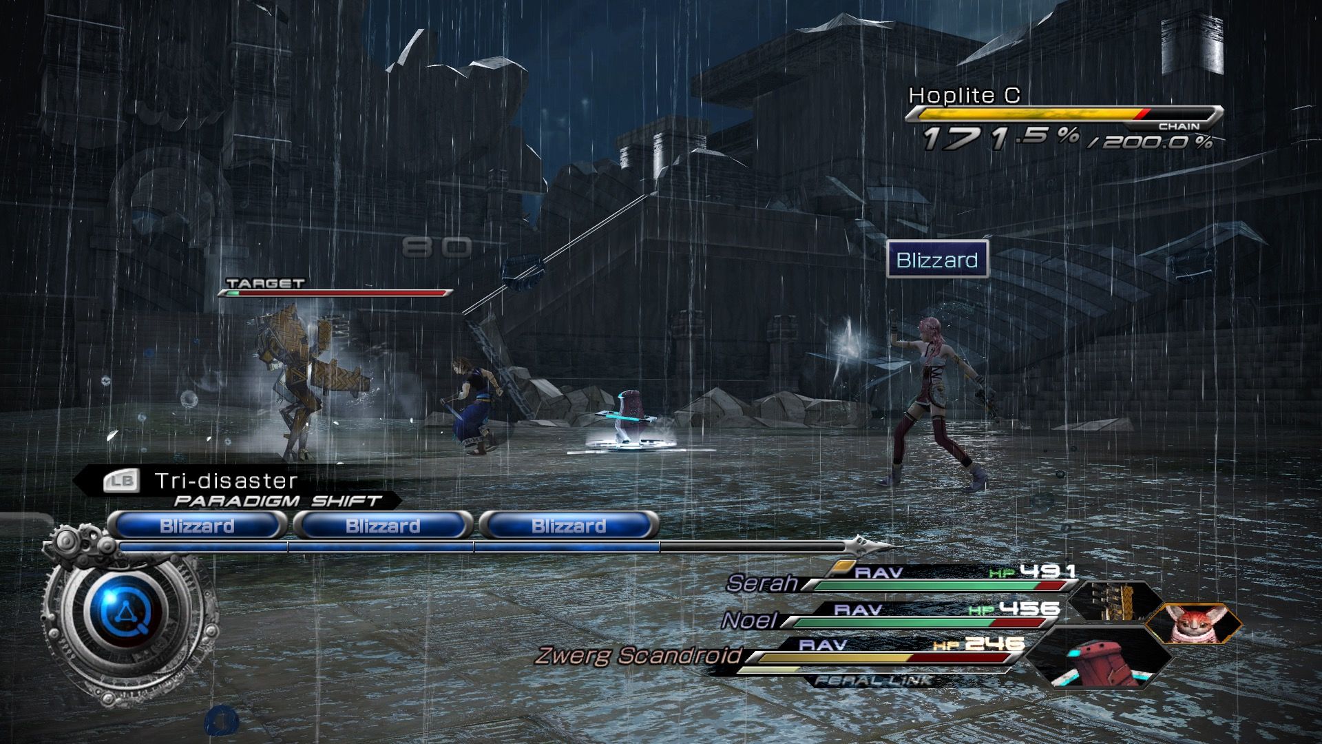 Fighting a battle in the rain in Final Fantasy 13-2 (2012)