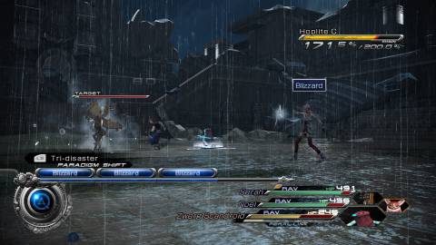 Fighting a battle in the rain in Final Fantasy 13-2 (2012)