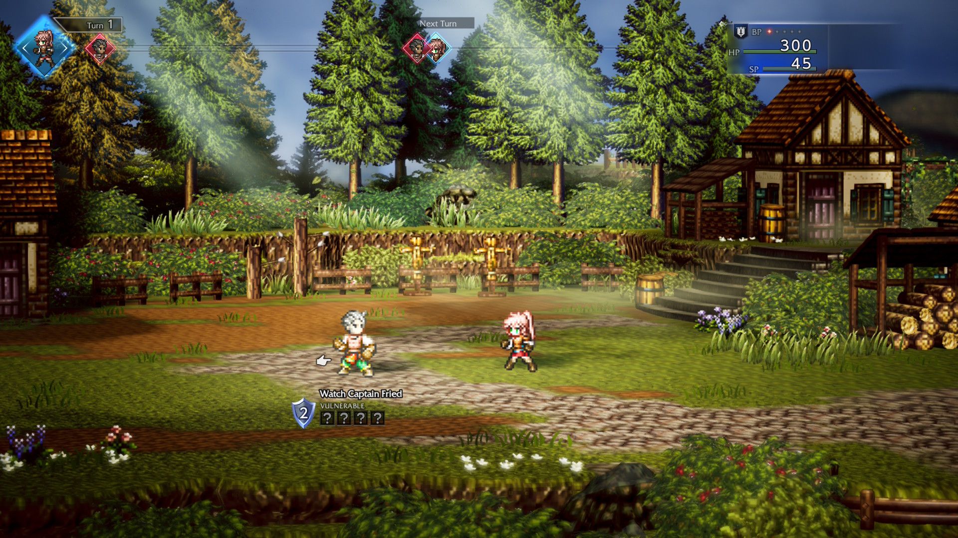 Fighting a battle in town in Octopath Traveler 0 (2025)