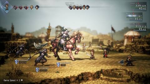 Fighting a battle on a battlefield in Octopath Traveler 2 (2023)