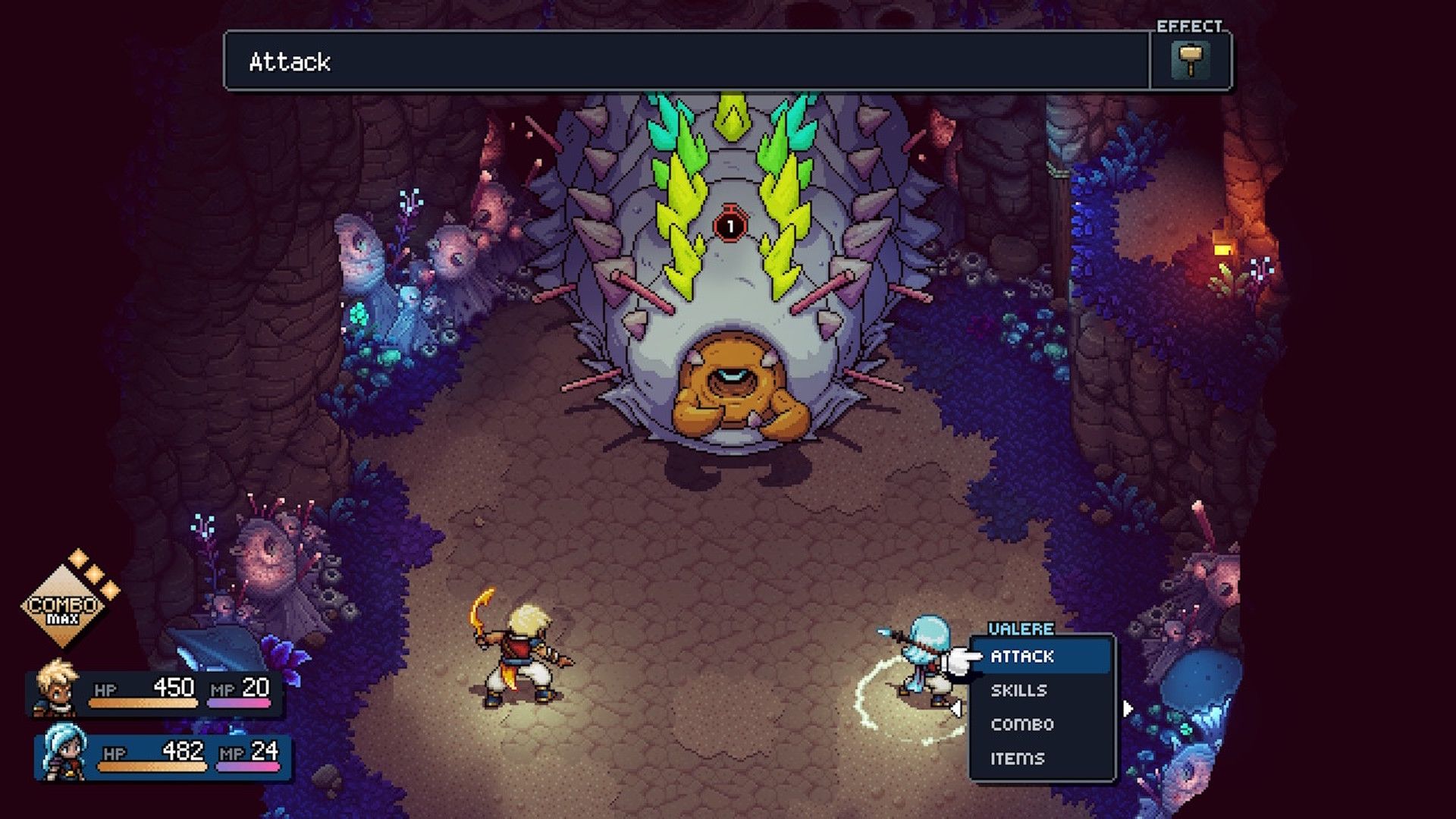 Fighting a boss battle in Sea Of Stars (2023)