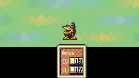 Fighting a crow in battle in EarthBound (1995)