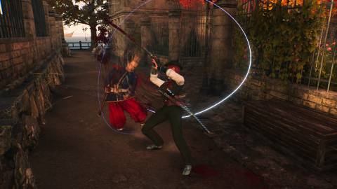 Fighting an enemy in town in Rise Of The Ronin (2024)