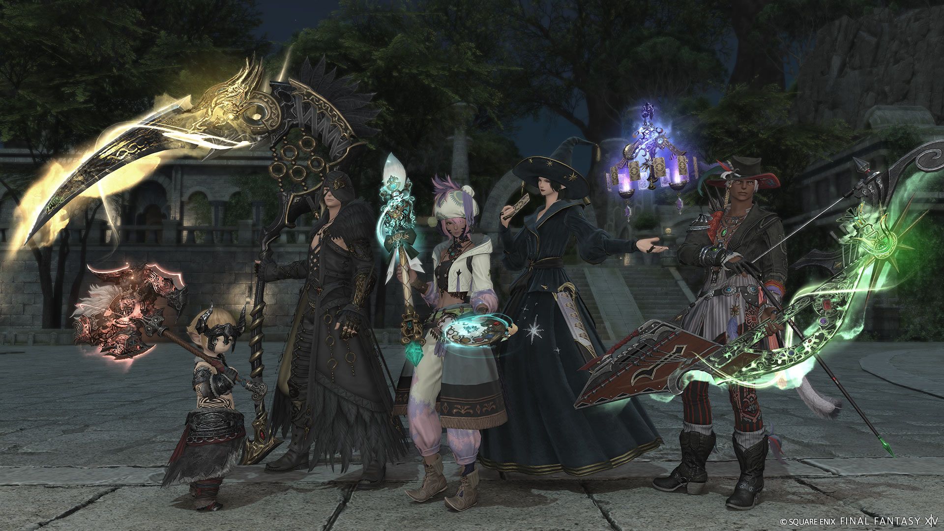 final-fantasy-14-patch-7-41-phantom-weapon-relic-group-pose-warrior-reaper-pictomancer-astrologian-bard