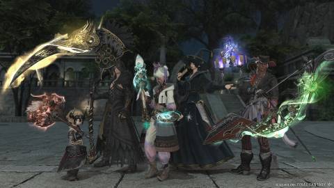 final-fantasy-14-patch-7-41-phantom-weapon-relic-group-pose-warrior-reaper-pictomancer-astrologian-bard