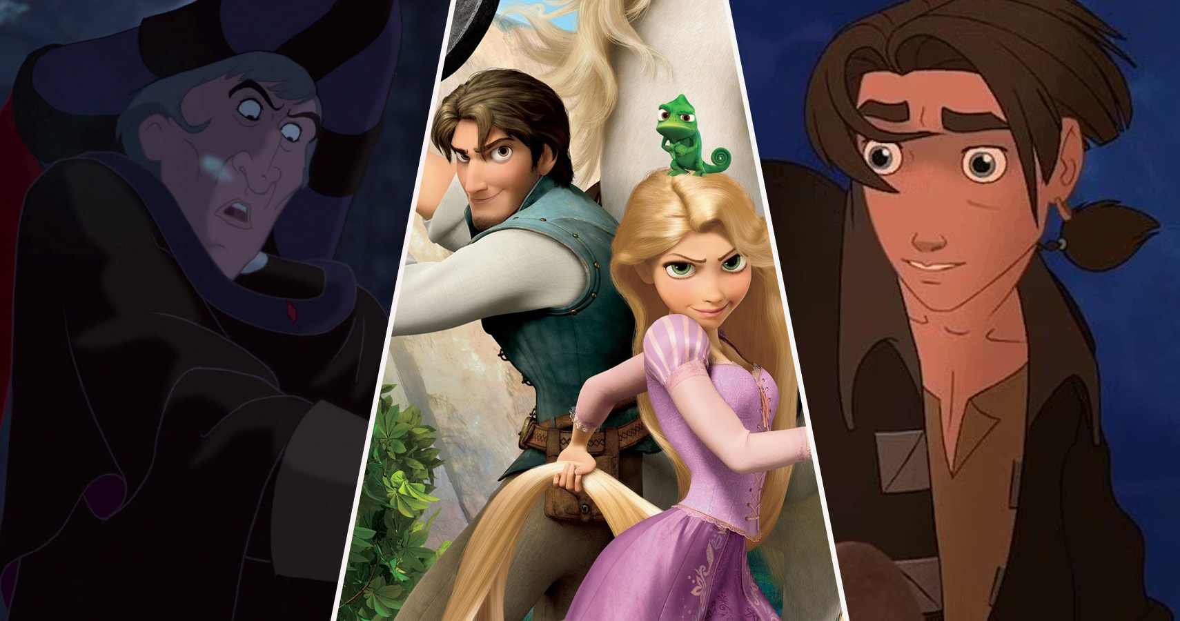 Frollo in Hunchback in Notre Dame, Flynn and Rapunzel in Disney's Tangled, and Jim in Treasure Planet