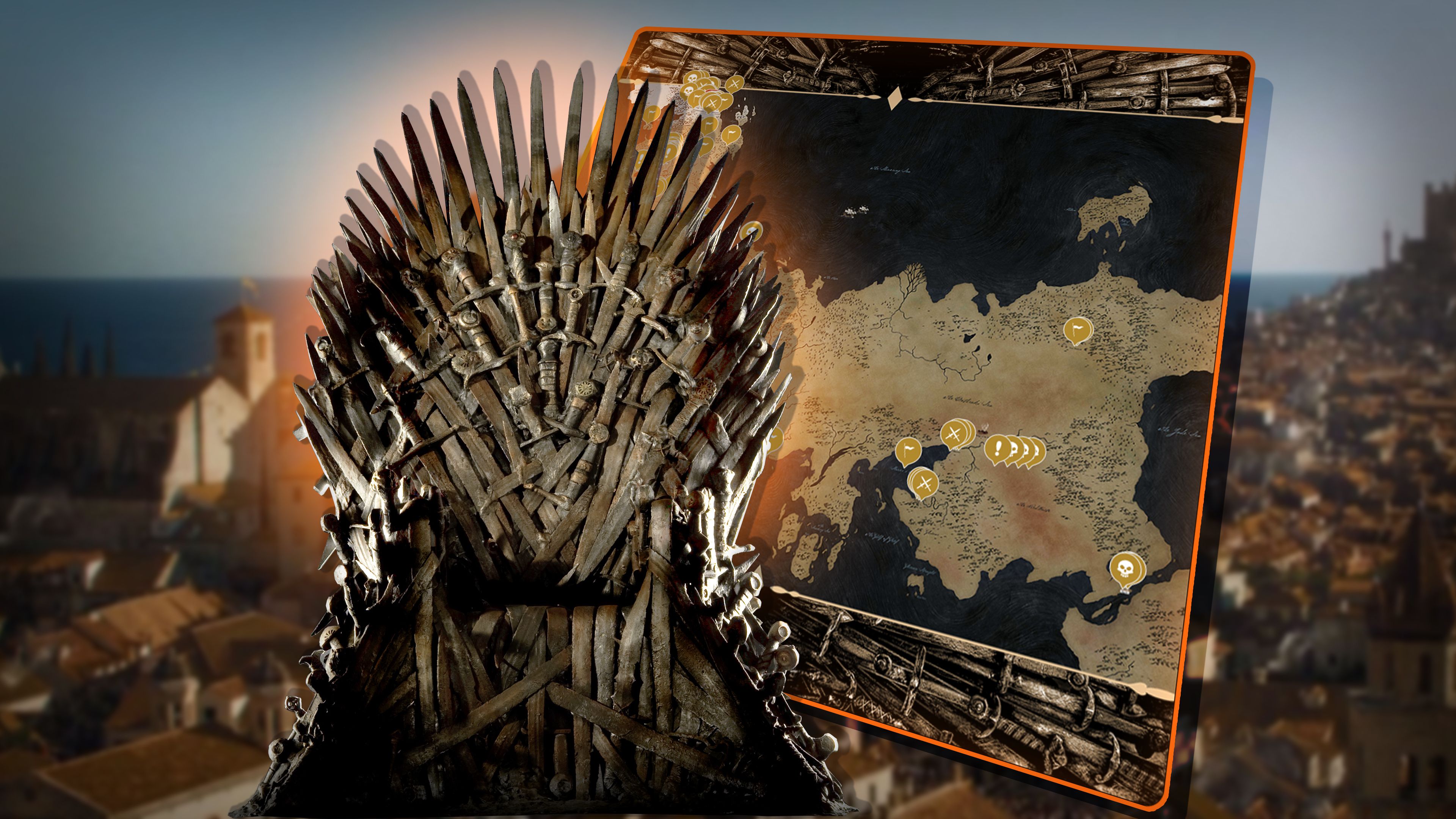 The Iron Throne over a map of Essos and Westeros from Game of Thrones