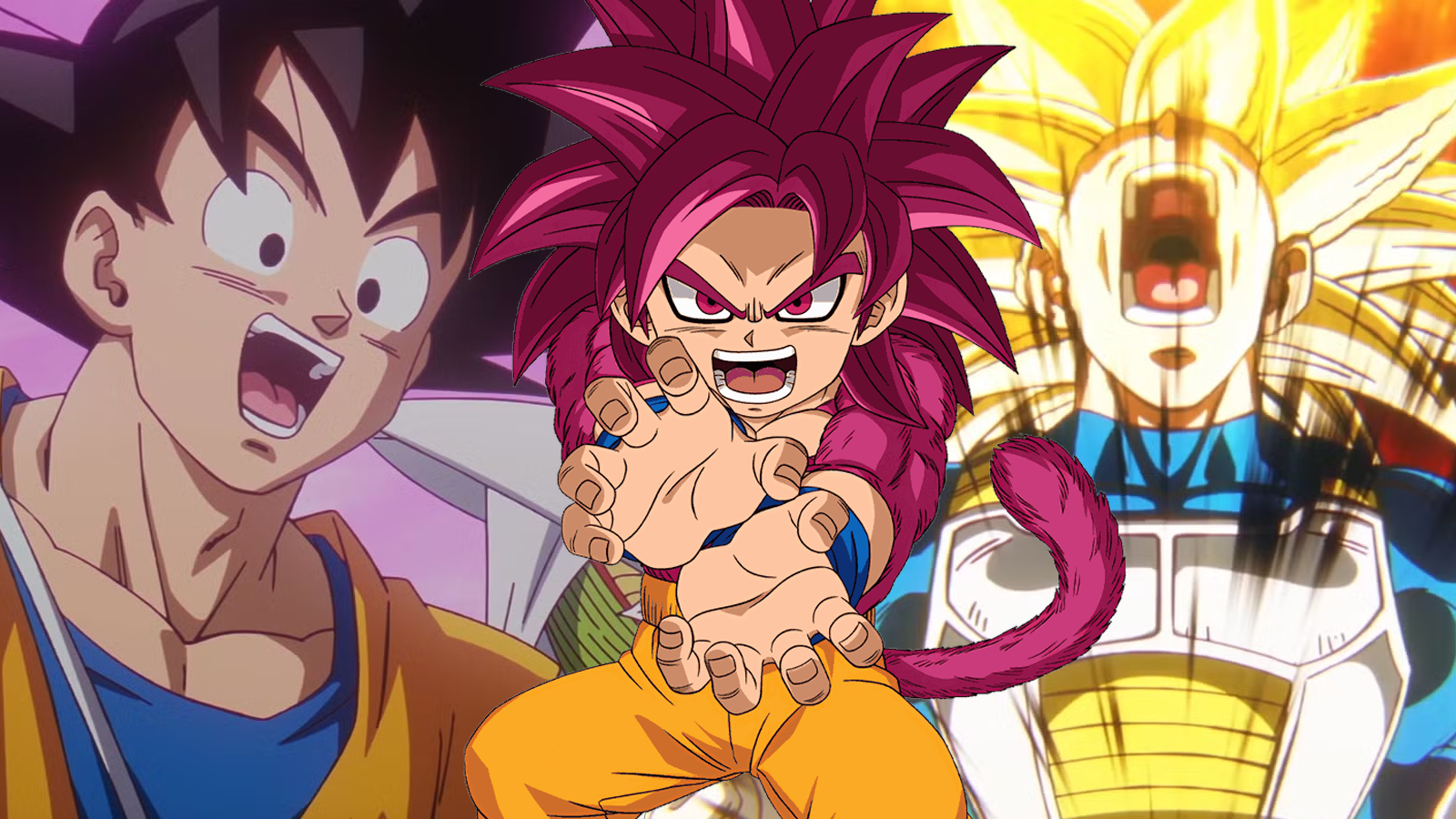 Goku in Dragon Ball DAIMA's ending, Super Saiyan 4 Mini Goku, and Super Saiyan 3 Vegeta in Dragon Ball DAIMA