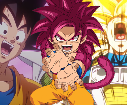 Goku in Dragon Ball DAIMA's ending, Super Saiyan 4 Mini Goku, and Super Saiyan 3 Vegeta in Dragon Ball DAIMA