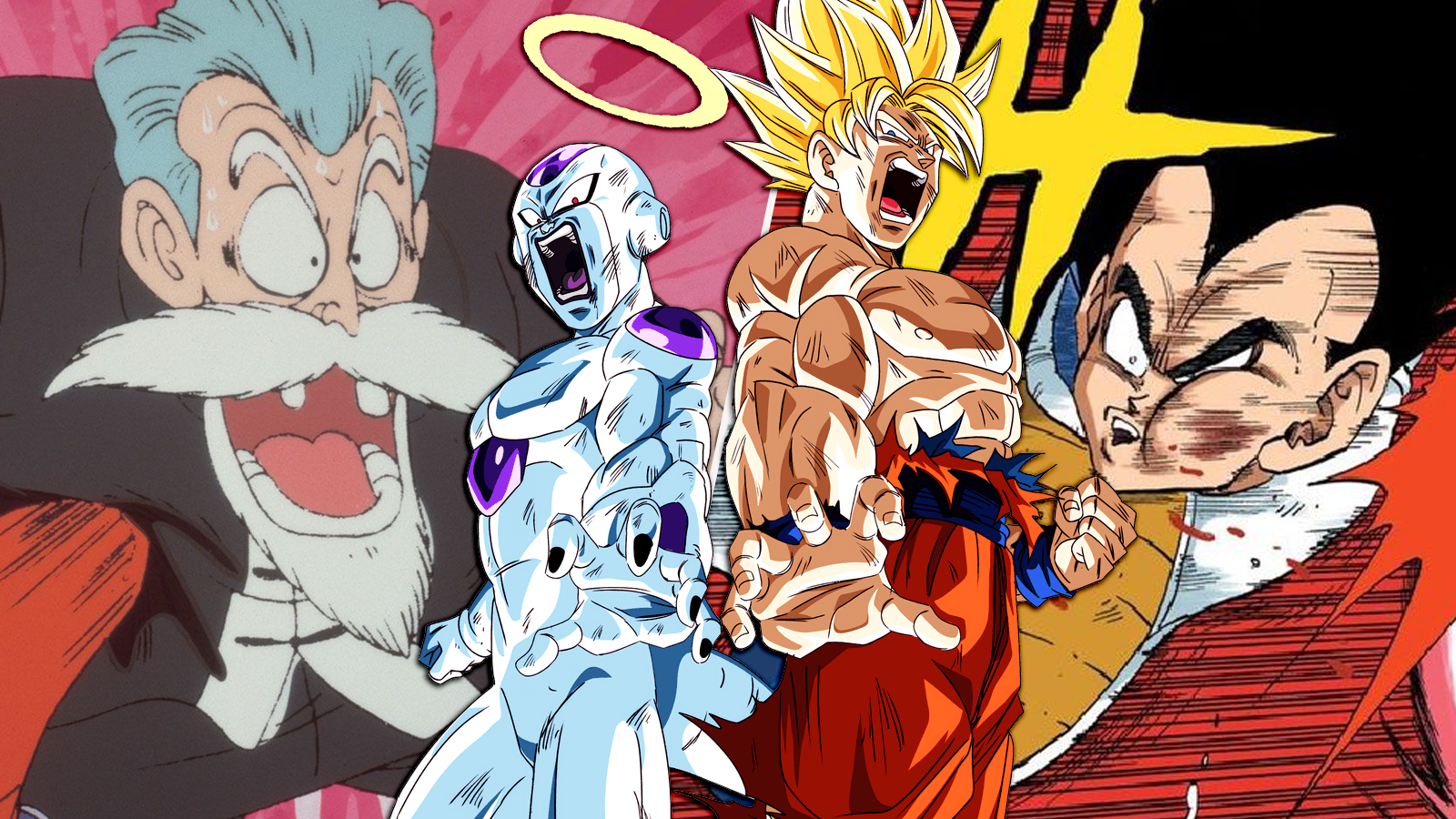 Goku vs Jackie Chun in Dragon Ball, Frieza and Goku beat Jiren in Dragon Ball Super, and Kaioken Goku vs Vegeta in Dragon Ball Z's Saiyan Saga