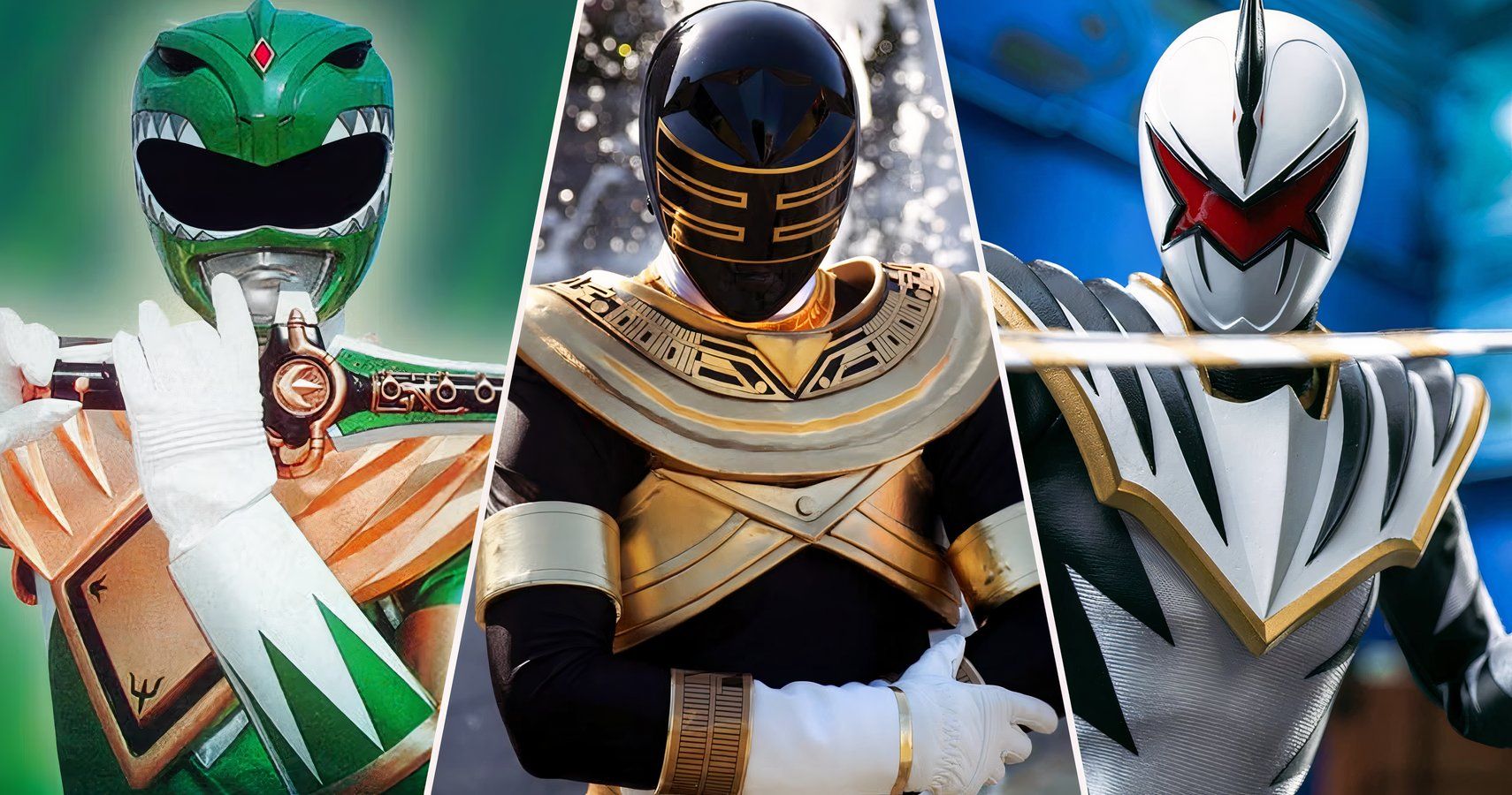 Green Ranger, Gold Zeo Ranger, and White Dino Ranger