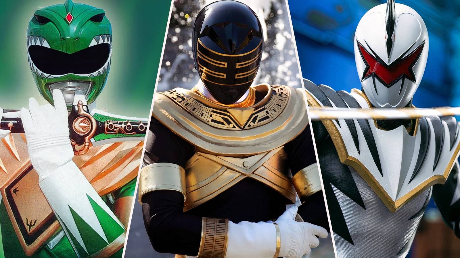 Green Ranger, Gold Zeo Ranger, and White Dino Ranger