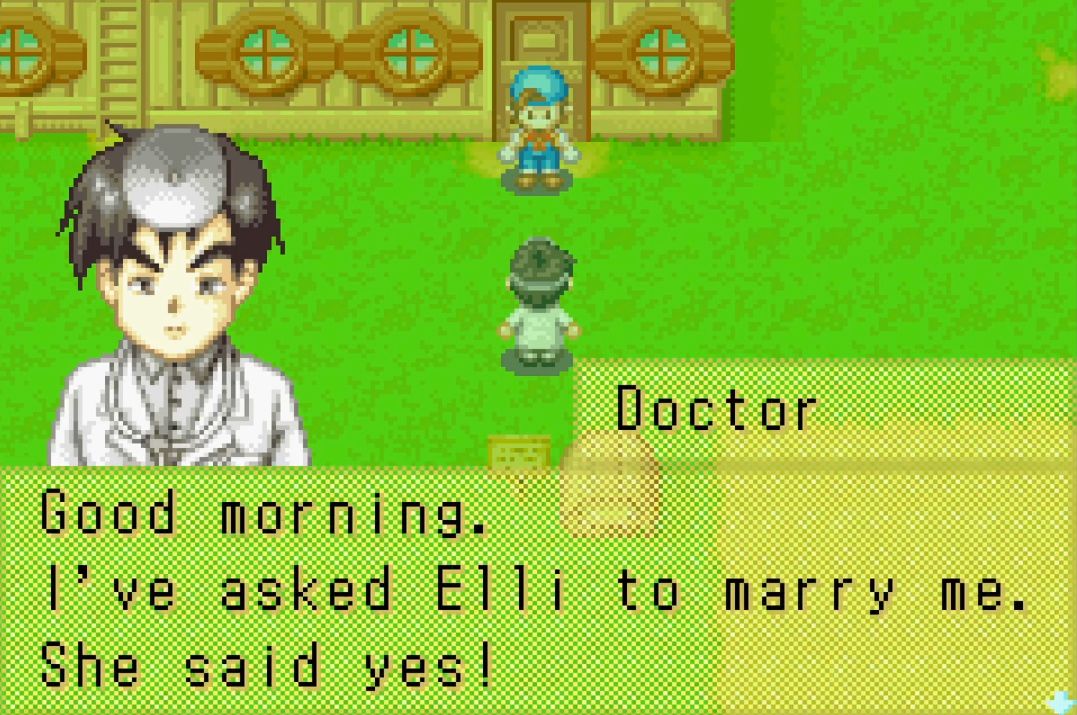 Doctor tells the player he's getting married to Elli in Harvest Moon: Friends of Mineral Town