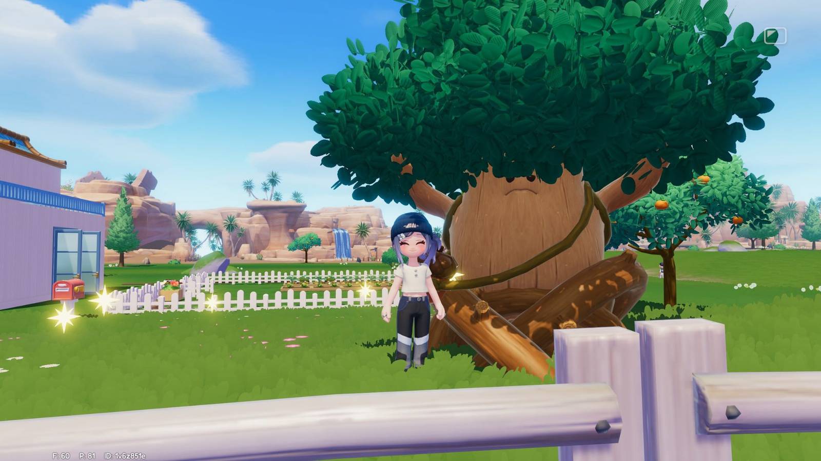 A Heartopia player standing next to Oak-Oak in from of a home