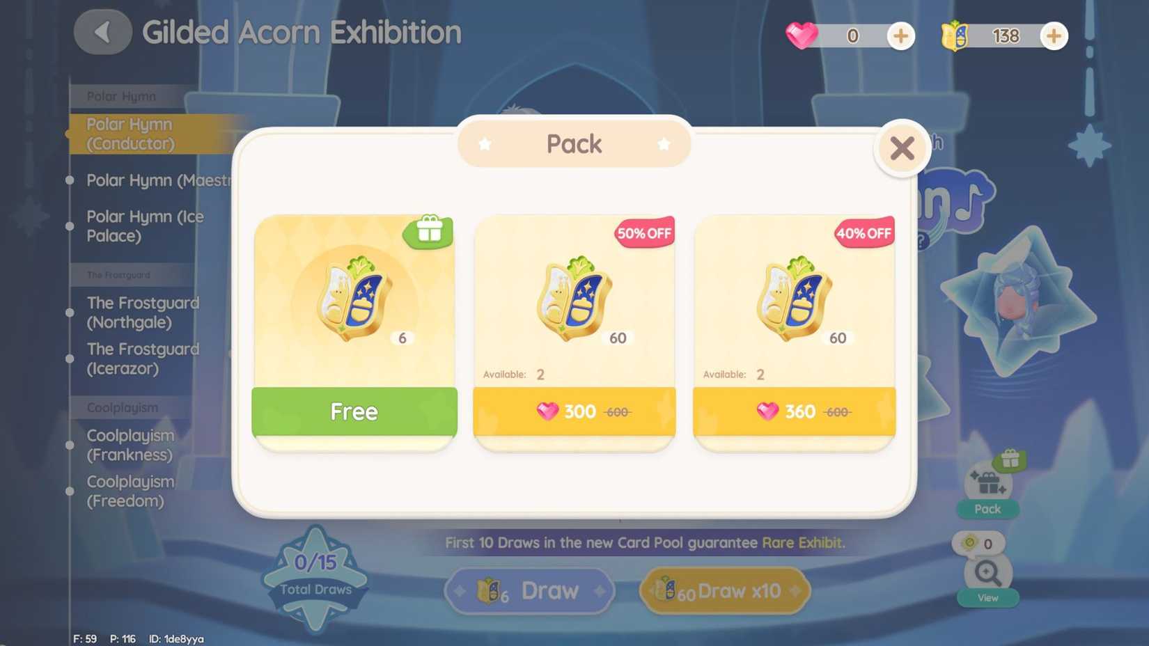 The Exhibition Pack screen in Heartopia's Gilded Acorn Exhibition showing a pack of six free Exhibition Passes