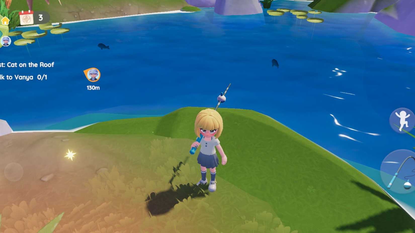 A Heartopia player standing in front of a lake with two fish