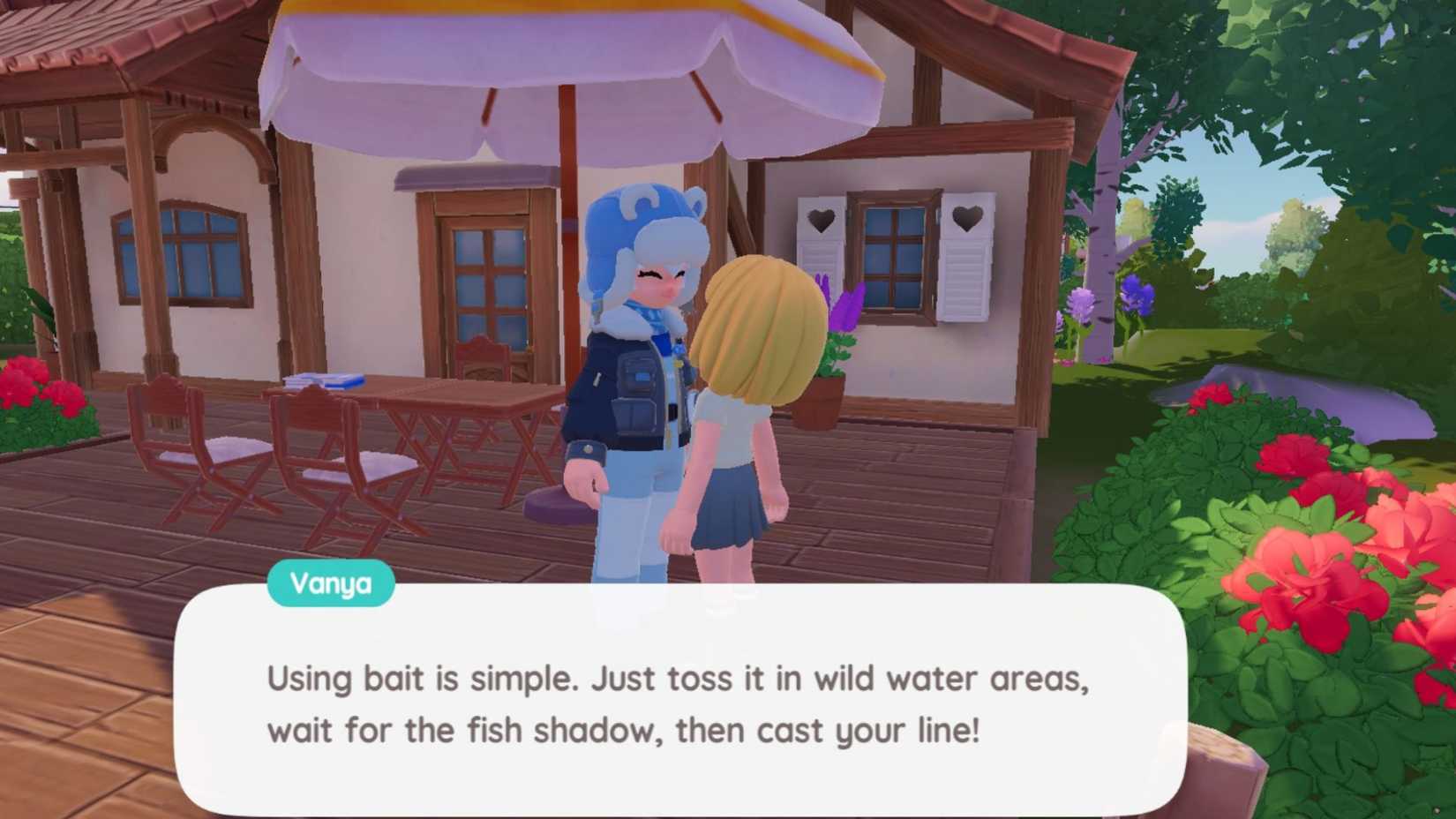 Vanya explaining how to use bait to a Heartopia player