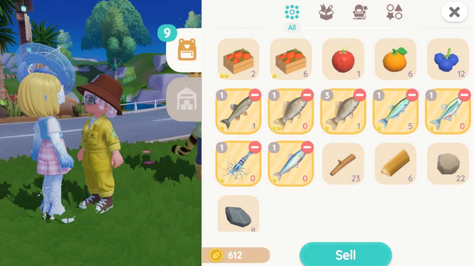 A Heartopia player selling a variety of fish to Albert Jr.