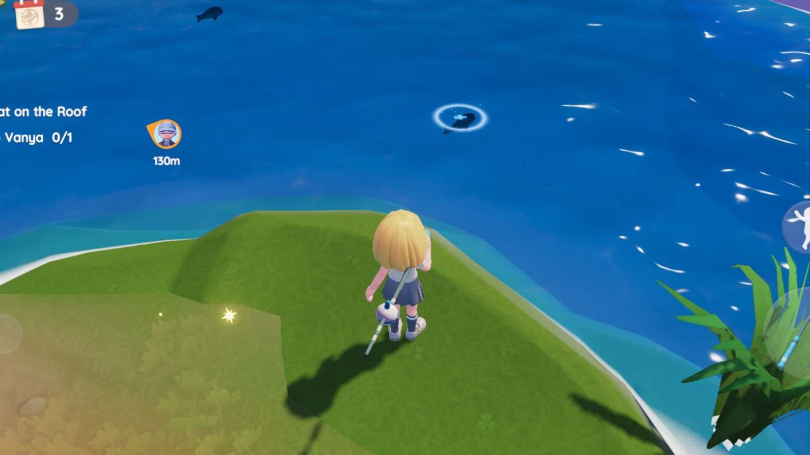 A Heartopia player aiming his fishing rod's white marker at a nearby fish