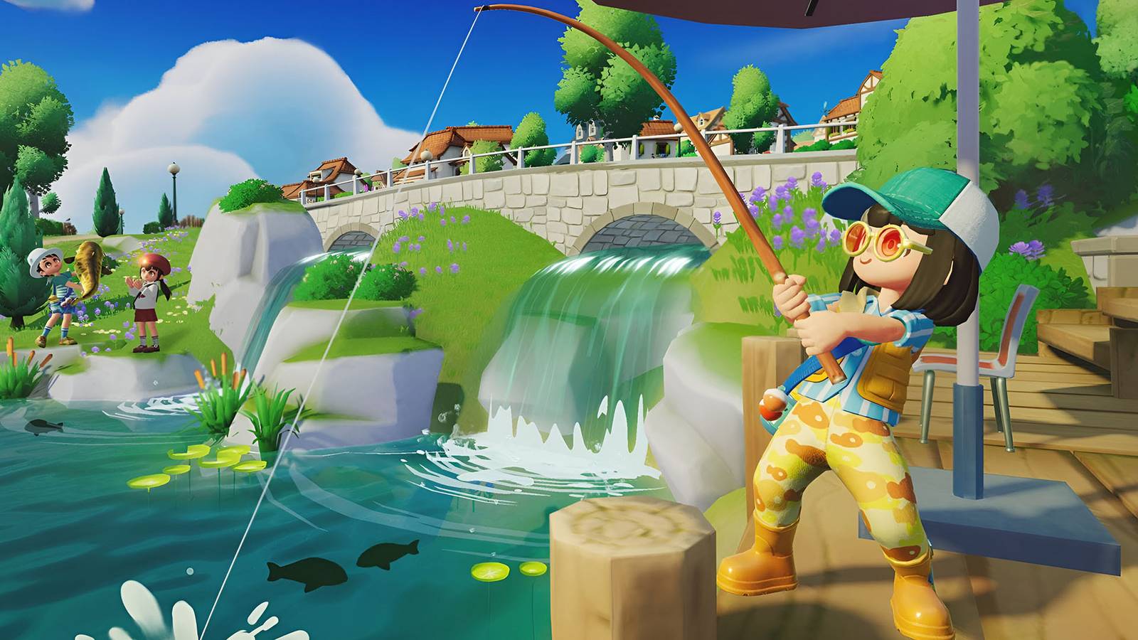 A Heartopia girl fishing in a pond by a waterfall