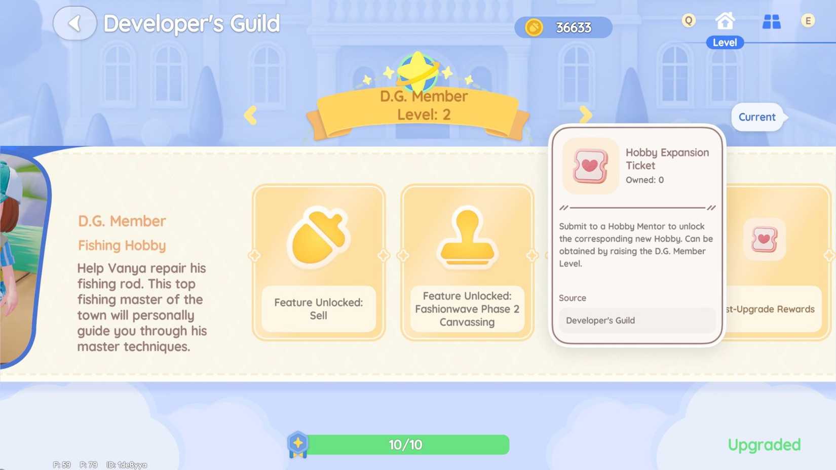 A player getting a Hobby Expansion Ticket as a reward for upgrading their D.G Membership to Level 2 in Heartopia