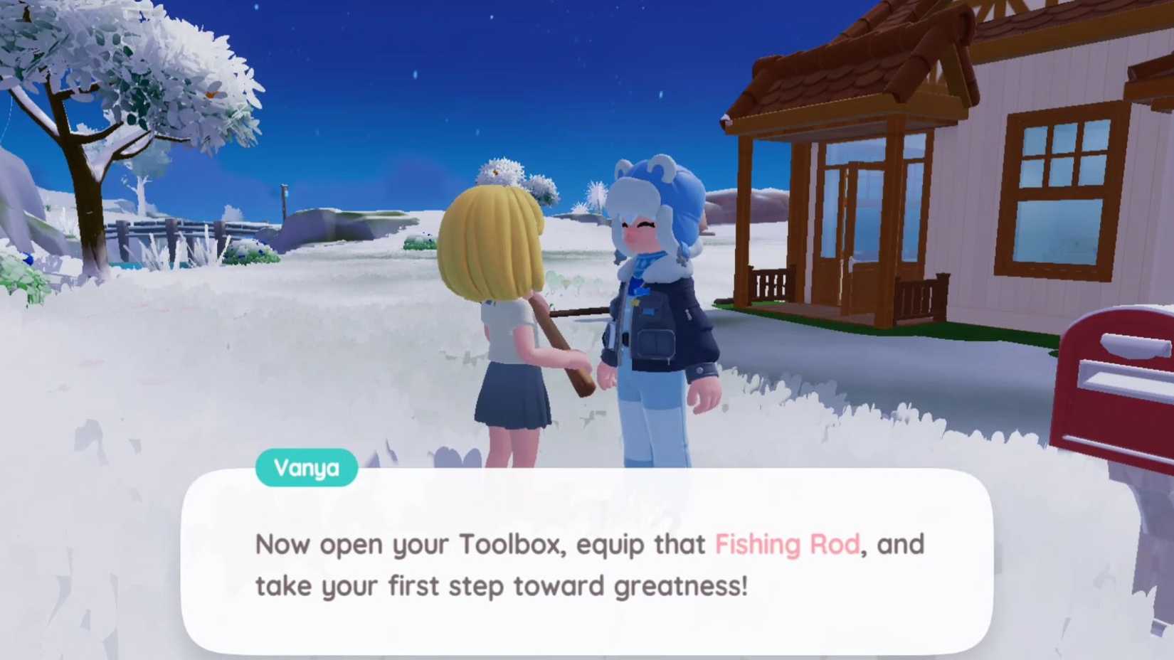 Talking with Vanya after unlocking the Fishing hobby in Heartopia