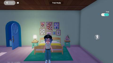 A Heartopia bedroom set-up with the floor colored to be a rug and two stools as side tables