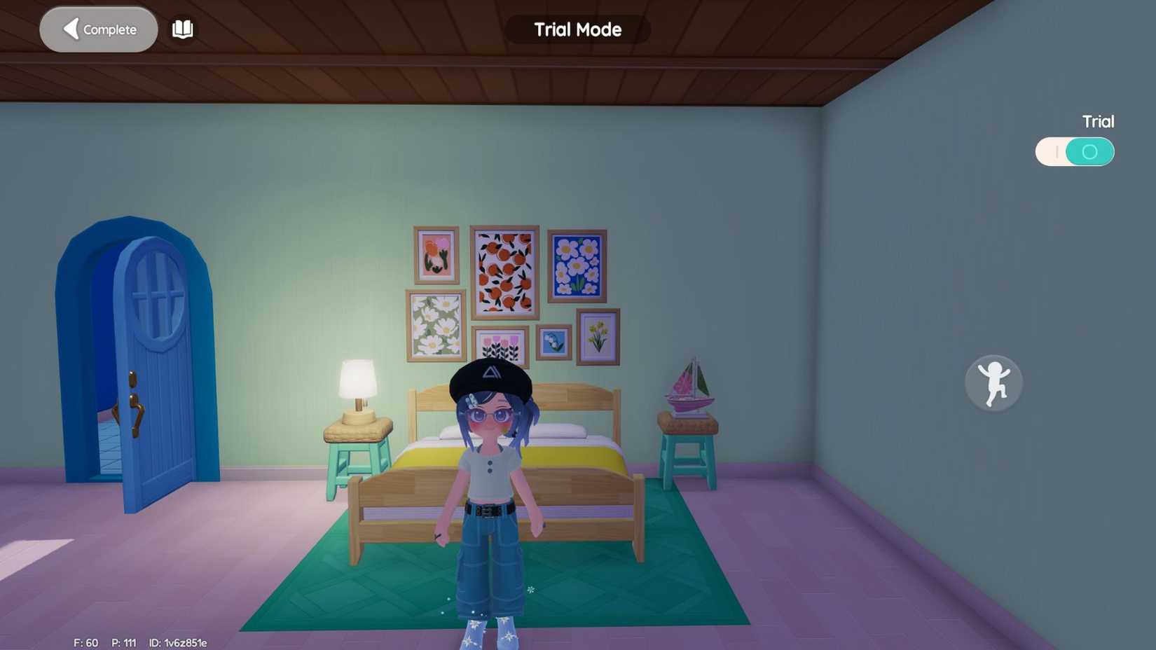 A Heartopia bedroom set-up with the floor colored to be a rug and two stools as side tables