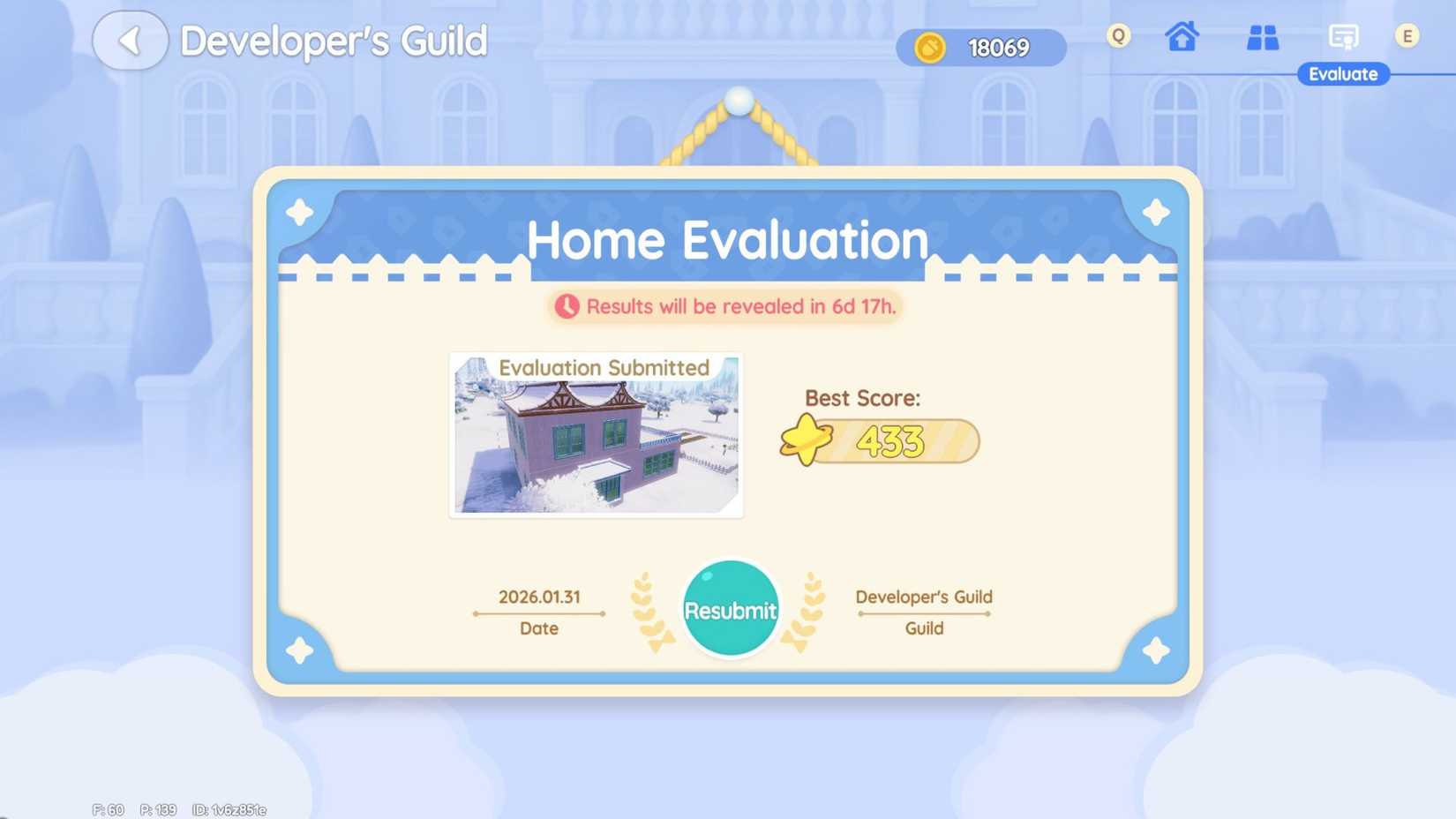 The Home Evaluation screen with a resubmit button in Heartopia