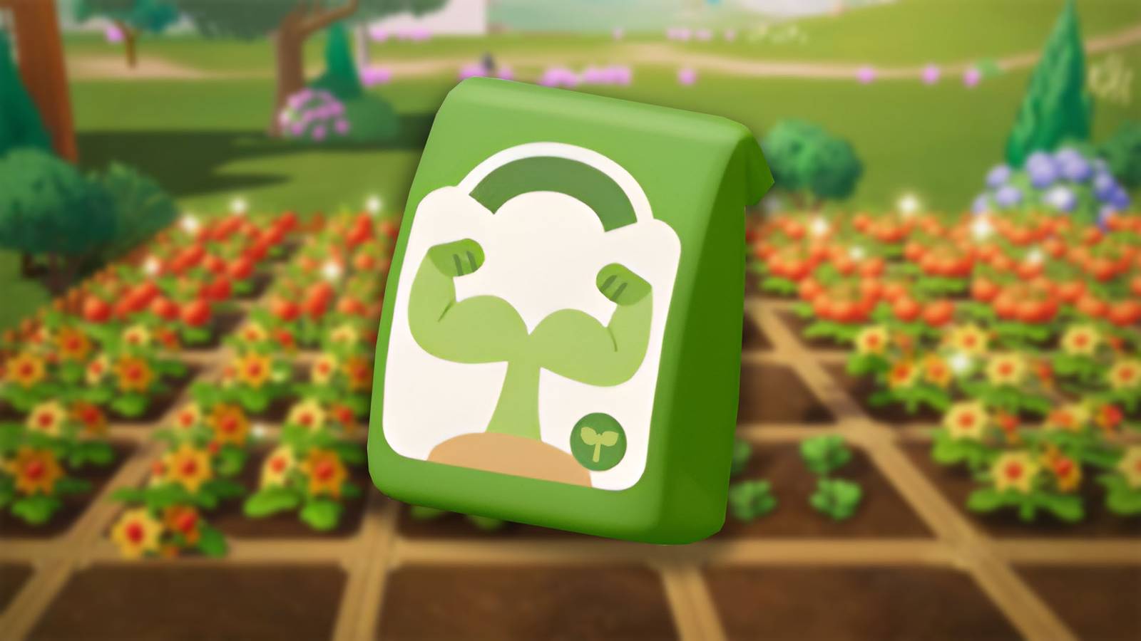 A bag of Heartopia's fertilizer in front of a crop field