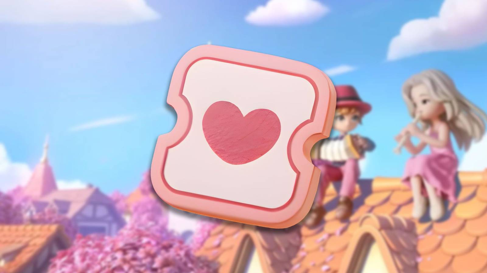 A Heartopia Hobby Expansion Ticket in front of a blurred background with two players on a rooftop