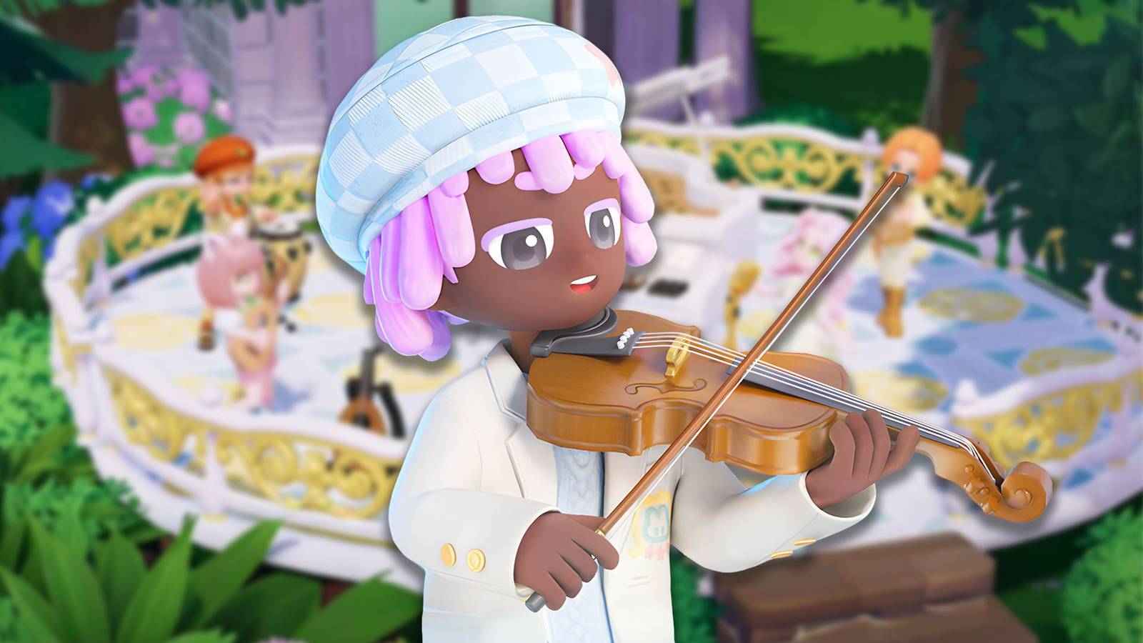 A Heartopia player using a violin in front of a blurred background