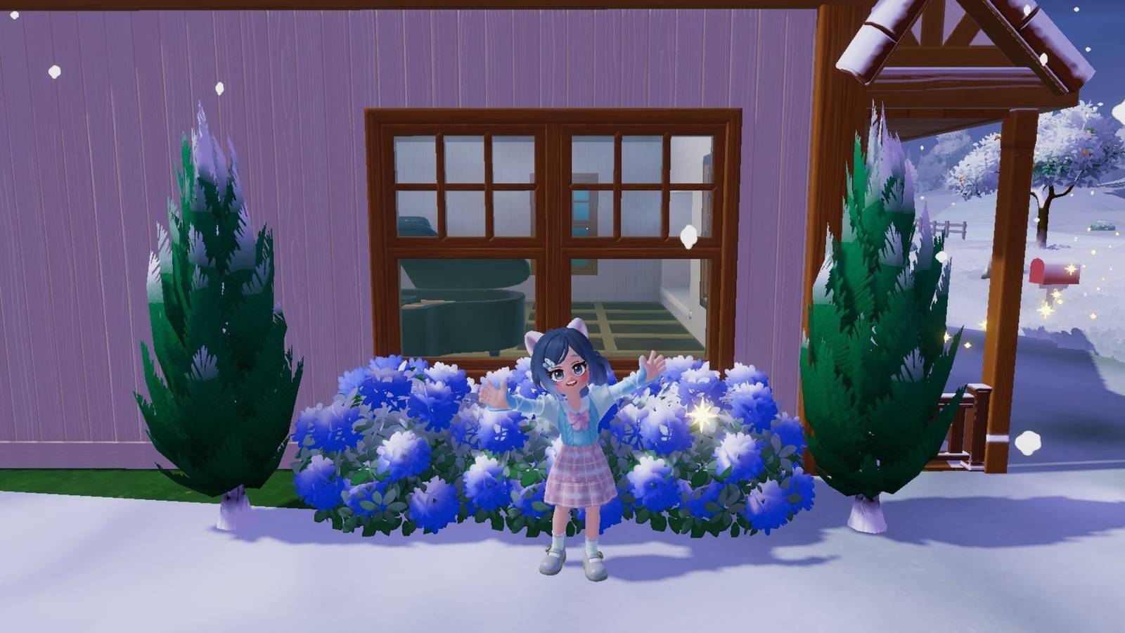 A Heartopia player posing in front of two Cypress trees and a few blue hydrangea bushes outside of her home