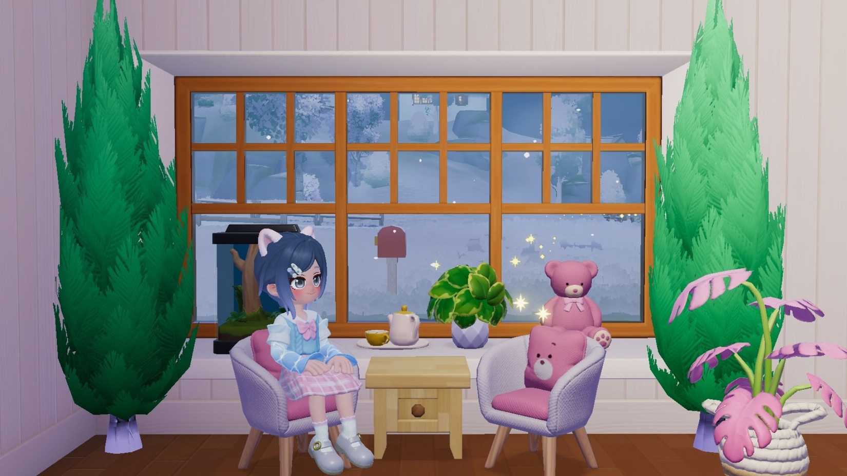 A Heartopia player sitting in a pink chair by a window with two Cypress trees