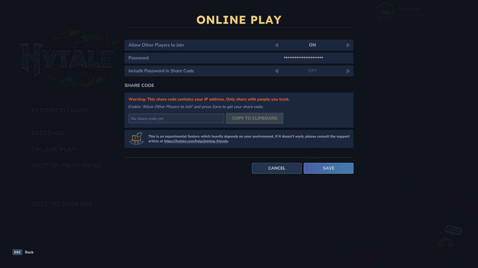 Hytale Online Play Server Settings