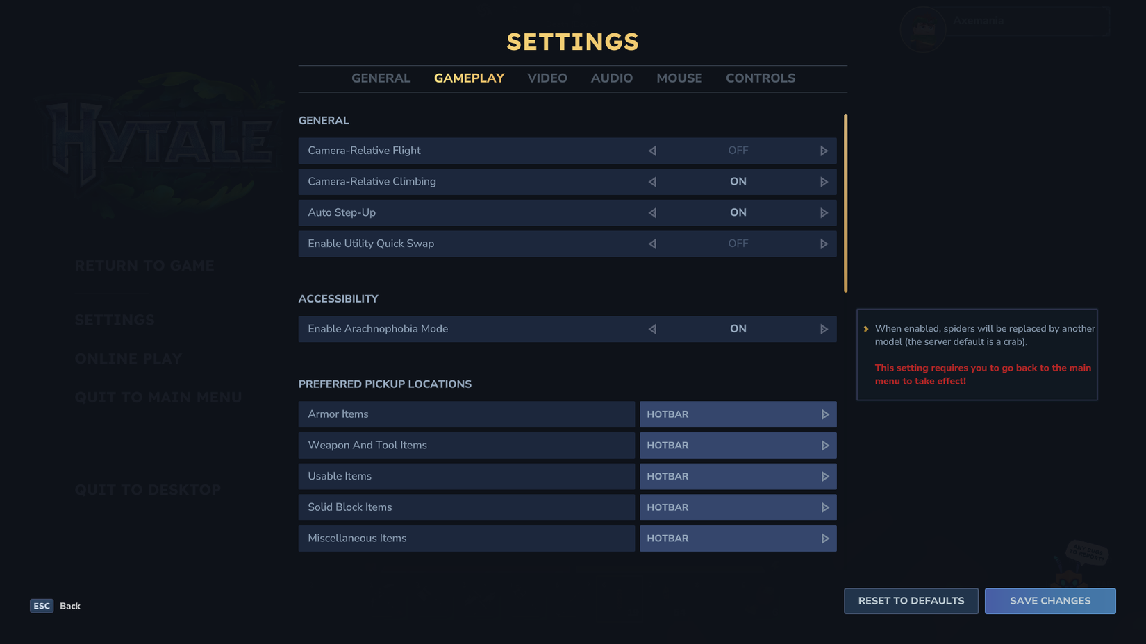 Hytale Arachnophobia Mode setting