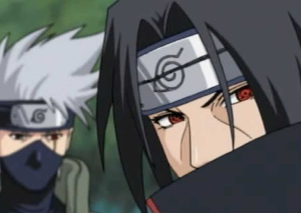 Itachi looks away with Kakashi nearby.