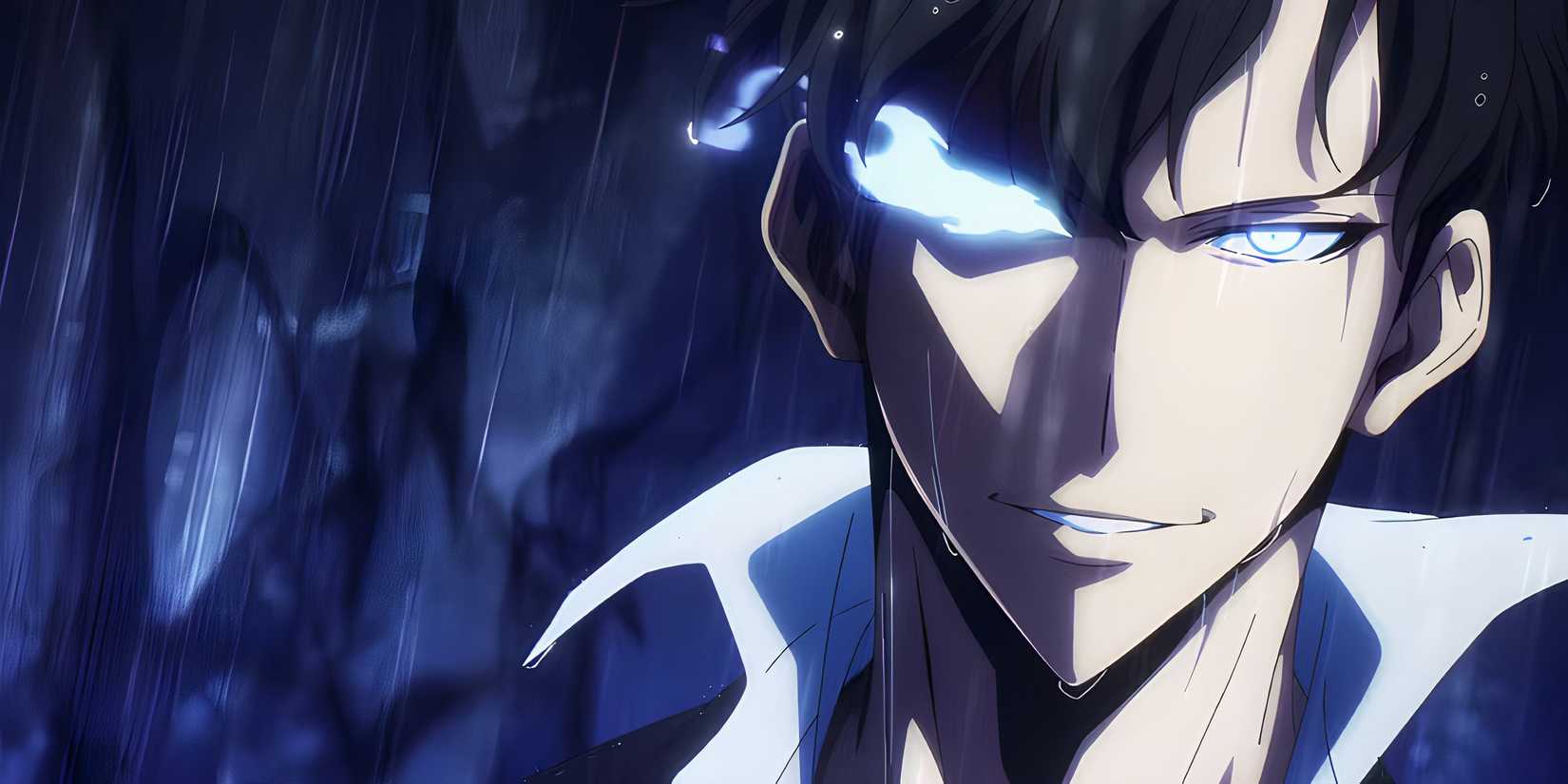 Jinwoo Sung grins with his eyes glowing blue.