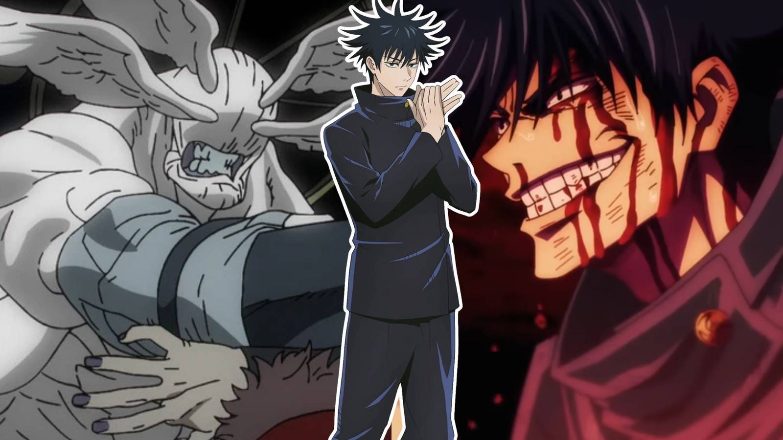 A collage of some of Megumi Fushiguro's most OP moments in Jujutsu Kaisen.