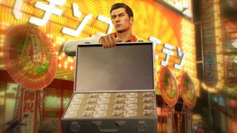 Kazuma holding money in Yakuza 0 (2015)